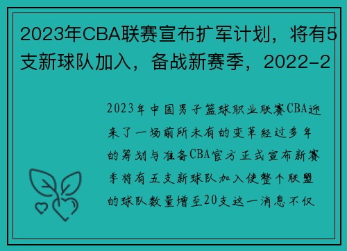 2023年CBA联赛宣布扩军计划，将有5支新球队加入，备战新赛季，2022-2023赛季cba